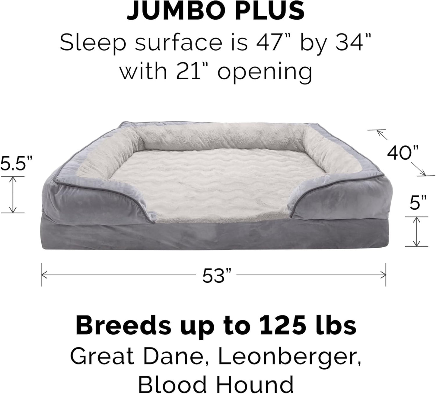 Cooling Gel Dog Bed for Large Dogs W/ Removable Bolsters & Washable Cover, for Dogs up to 125 Lbs - Plush & Velvet Waves Perfect Comfort Sofa - Granite Gray, Jumbo Plus/Xxl