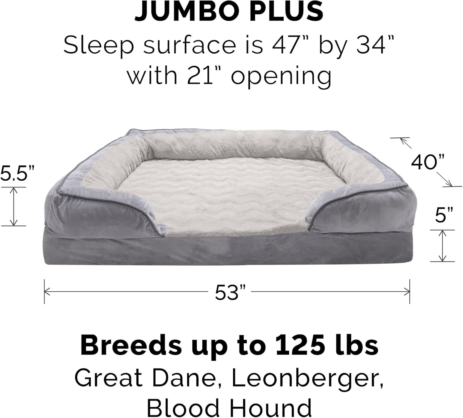 Cooling Gel Dog Bed for Large Dogs W/ Removable Bolsters & Washable Cover, for Dogs up to 125 Lbs - Plush & Velvet Waves Perfect Comfort Sofa - Granite Gray, Jumbo Plus/Xxl