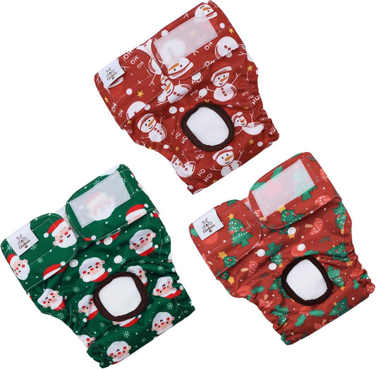 Christmas Dog Diapers Female Washable Small Medium Large 3 Pack Reusable Doggie Diapers Puppy Period Pants for Doggy Heat Cycle Peeing D75M