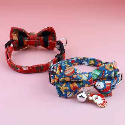 Christmas Cat Collar Breakaway with Bell Bow Tie 1 Pack Nylon Adjustable Kitten Collars Holiday Outfit Dressing up Necklace