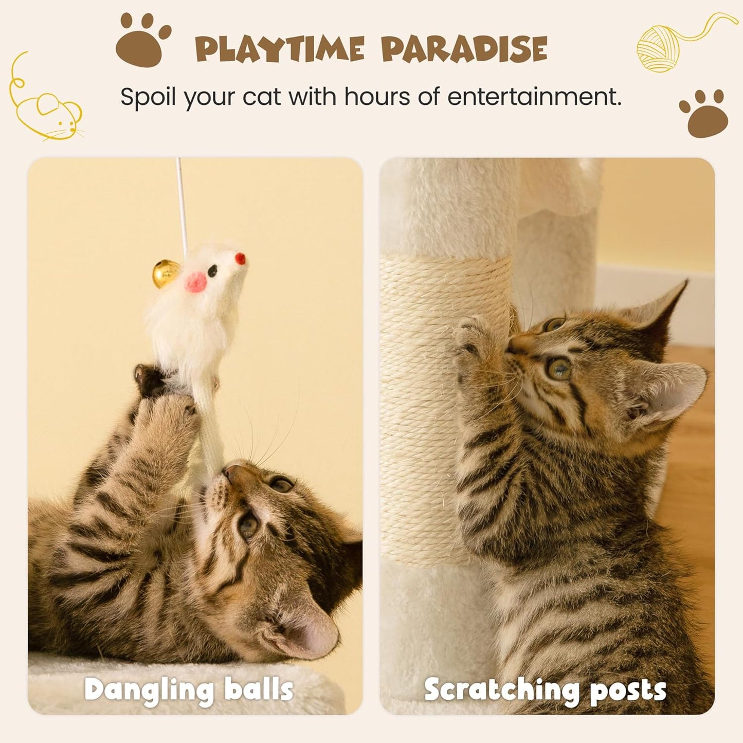63.8 Inches Multi-Level Cat Tree for Large Cats with Sisal-Covered Scratching Posts, Padded Platform, Hammock and Condo,Stable Cat Tower Cat Condo Pet Play House-Beige