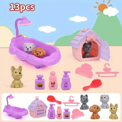 Cute Dog Pet Basket Family Toys Dog Doll Set Cage Toys Scene Playing Toys Christmas Decoration Thanksgiving Gifts Color Randomly