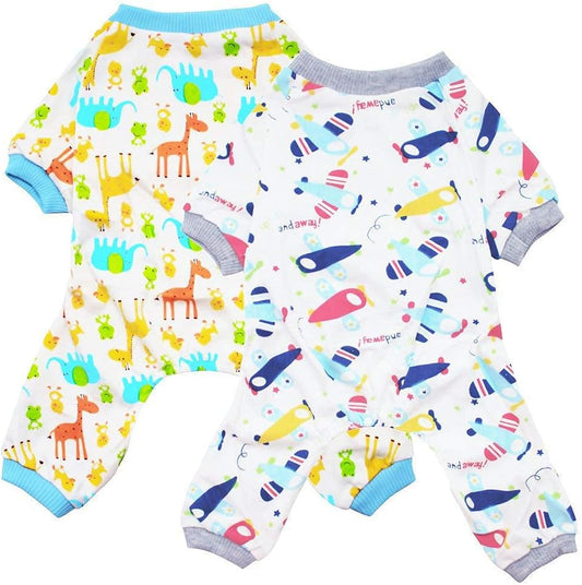 2-Pack Pet Clothes Puppy Cute Pajamas Dogs Cotton Rompers Cats Jumpsuits Cosy Apparel Dog Shirt Small Canine Costumes, Plane & Giraffe M