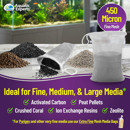 Fine Aquarium Media Bag, Durable Drawstring Bags for Fish Tank Filters, 450 Micron Mesh, (Fine, 3"X 8" - 4 Pack)